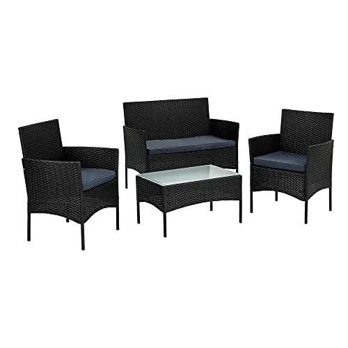 STILISTA® Polyrattan Sitzgruppe 1 Bank + 2 Stühle + 1 Tisch mit Glasplatte, Lounge Set, schwarz