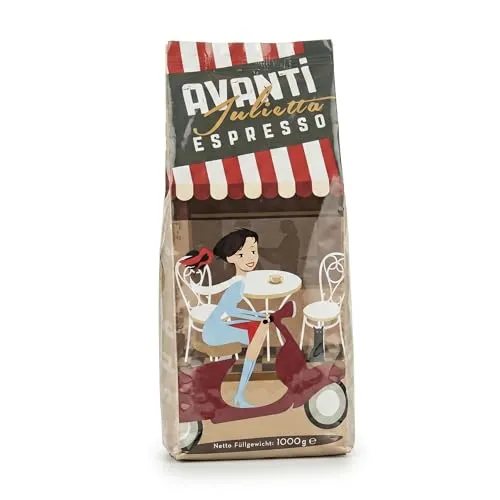 Avanti Espresso Julietta Bohnen, 1er Pack (1 x 1 kg) I Kaffeebohnen Espresso 1kg Kräftig & Säurearm I Feinste Trommelröstung mit Arabica & Robusta Espressobohnen