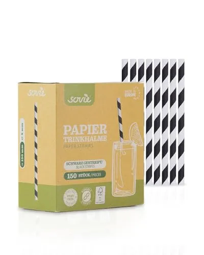 Sovie Strohhalme Papier Schwarz-Weiß - Trinkhalme Plastikfrei - FSC-zertifiziert, Made in Europe, Biologisch Abbaubar - Ø 8mm - 15cm Länge - 150 Stück