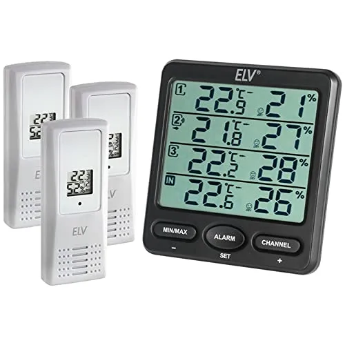 ELV Funk-Raumklimastation RS100 - Klimamonitor mit 3 Sensoren - Moderne Wetterstation zur präzisen Messung von Temperatur und Luftfeuchtigkeit in bis zu 8 Räumen. Großes 12,2-cm-LC-Display für eine klare Anzeige der Werte.