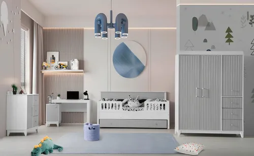 4tlg. Kinderzimmer Ensemble: Komplettmöbel-Set für stilvolle Einrichtung - Dieses moderne Möbel-Set umfasst Bettrahmen, Kleiderschrank, Kommode und Schreibtisch – ideal für Jungen und Mädchen. Mit geprüfter Qualität und praktischem Design für jedes Kinderzimmer.