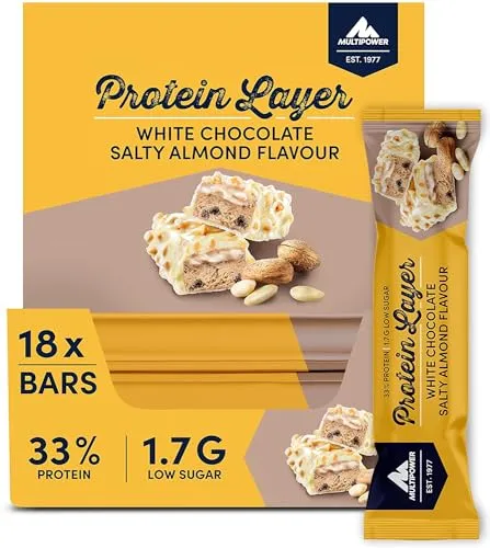 Multipower Protein Layer Eiweißriegel – Salty Almond, 18 x 50 g - Proteinriegel mit 33 % Protein und nur 201 kcal pro Riegel. Ideal für Sportler als kalorienarmer Snack mit leckerer Mandel-Schicht und weißer Schokolade.