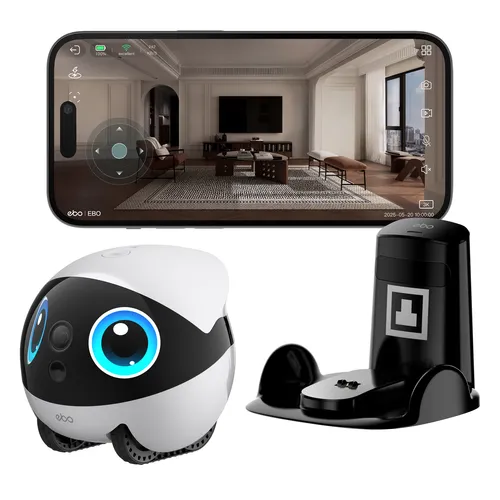 EBO AIR 2 Plus Lunar White - Intelligente Überwachungskamera mit 3K HD-Qualität und interaktiven LED-Gesichtern. Perfekt für Familien und Haustiere, bietet sie KI-gestützte Objektverfolgung und zwei-Wege-Audio.