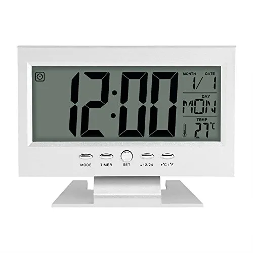 Zerodis LCD Display Digital Sound Sensor Tisch Schreibtisch Wecker mit Smart Nachtlicht und Snooze Zeit/Datum/Temperaturanzeige(Silber)