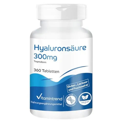 Vitamintrend Hyaluronsäure 300mg, 360 Tabletten, 300mg Hyaluronsäure pro Tagesdosis, hochdosiert, Nahrungsergänzungsmittel vegan ohne Magnesiumstearat, in Deutschland hergestellt