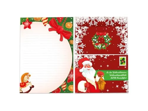 Briefpapier-Set A5 Pferd Tannenbaum Schreibblock liniert mit Umschlag Weihnachten Wichtelgeschenk für Kinder (1 Block A5 mit 25 Blättern + 15 bedruckte Kuverts