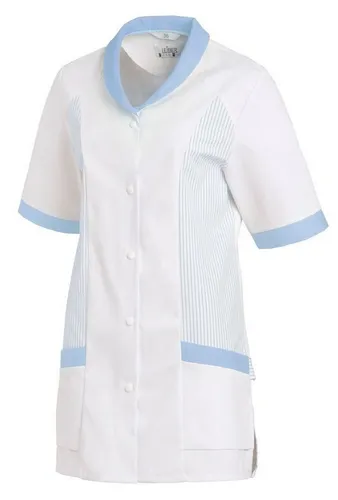 Leiber Kasack Hellblau Größe 46 - Praktischer Kasack mit Druckknopfverschluss und Schalkragen. Ideal für den professionellen Einsatz, mit 2 Seitentaschen und pflegeleichtem Material, geeignet für Industriewäsche.