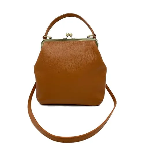 Taschenkinder Lederhandtasche mit Bügelverschluss – Modell Zoe, Henkeltasche und Schultertasche aus echtem Leder für Damen. (Camel)