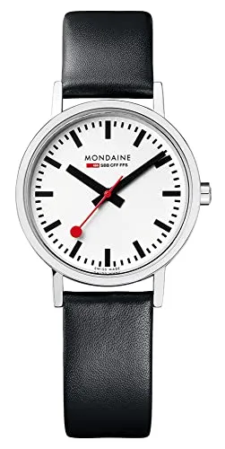 MONDAINE New Classic Damenpolierte Uhr A658.30323.11SBB - Elegante Damenuhr aus Edelstahl mit schwarzem Lederarmband, 7 mm Gehäusestärke und präzisem Quarzwerk, ideal für stilbewusste Frauen.