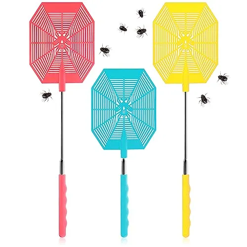COM-FOUR® 3X Fliegenklatsche mit Teleskop, Ausziehbar 27-58 cm, Teleskopklatsche um Fliegen, Wespen, Mücken und andere Insekten abzuwehren - Stabile Insektenklatsche (003 Stück blau gelb pink)
