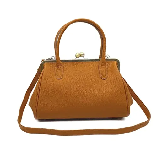 Taschenkinder Handtasche Damen aus Echtleder „Marie“ – Vintage Bügelverschluss, Henkeltasche & Schultertasche, elegante Ledertasche für Alltag und Abend (Braun)
