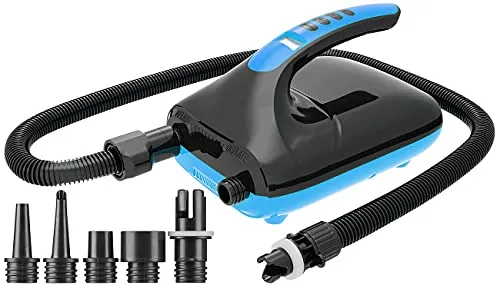 AGT Elektrische Luftpumpe für SUP-Boards & Boote - Elektrische Luftpumpe für Schlauchboote und SUP-Boards mit 6 Aufsätzen. Schnelles Aufpumpen mit 500 l/min und stufenlos einstellbarem Druck bis 20 PSI. Ideal für unterwegs mit 12-V-Anschluss für den Zigarettenanzünder.