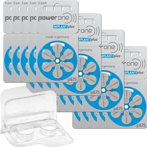120x PowerOne Implant Plus Hörgerätebatterie P675 Blau (20x6er Bl.)+Transportbox