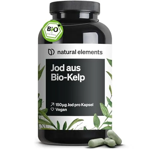 natural elements Jod aus Bio-Kelp – 365 Kapseln – 150µg Jod aus Braunalgen – Bio-Qualität für die Schilddrüse – vegan, hochdosiert, ohne unnötige Zusätze – in Deutschland produziert & laborgeprüft