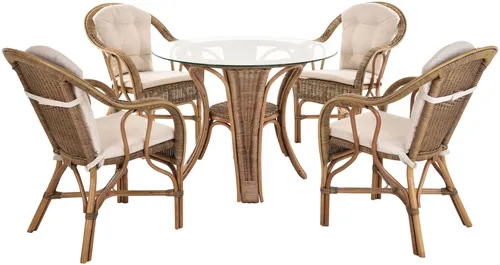 Set/5 Rattan Wintergarten LM für 4 Personen - Tisch- & Stuhl-Sets für Lounge und Wintergarten, mit abnehmbaren Kissen und Glasplatte für stilvolle Entspannung im Vintage Braun.