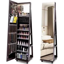 COSTWAY Schmuckschrank auf Rollen mit LED, Dunkelbraun