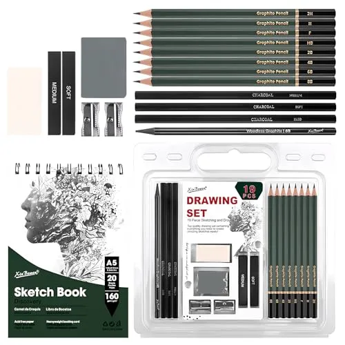 hicoosee Skizzier-Set, 19-teiliges Tragbarer Zeichenset, Zeichenstifte und Radiergummi, Kunstwerkzeug-Kit mit Skizzenbuch, Kunstzubehör für Künstler, Erwachsene, Teenager, Anfänger