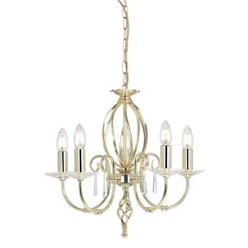 Ägäischer Kronleuchter mit 5 Lichtern - Poliertes Messing - Eleganter Kronleuchter mit handgeschmiedeten Schnörkeln und geschliffenem Glas, ideal für moderne und klassische Räume. Höhenverstellbar von 500 mm bis 975 mm.