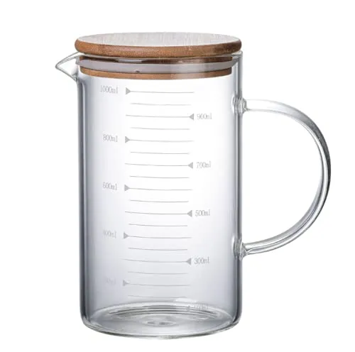 Glas-Messbecher, Temperaturbeständig Messkanne Mit Deckel,Transparent,für Mikrowelle mit Skala für Milch, Kaffee, heiße und kalte Wasserkrug, Küchenhelfer und Back Zubehör (1000ml)