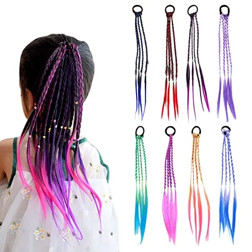 Greyoe Buntes geflochtenes Haar,Bunte Haarsträhnen Kinder, 8PCS Haarteile Twist Braid mit elastischem Seilband für Mädchen Frauen Party Geburtstag Vergnügungsparks und Reisen (Mehrfarbig)