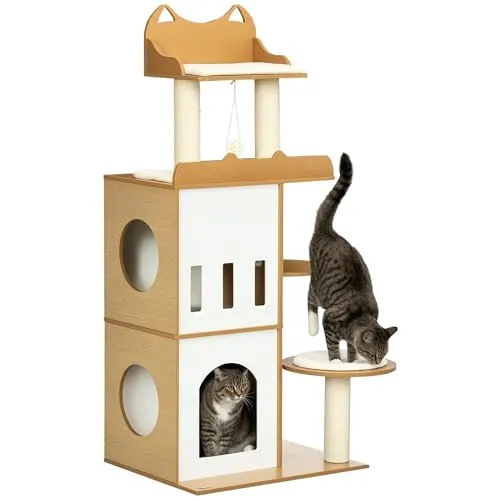 PawHut Kratzbaum MDF mit Plüsch und Sisal - Kratzbaum für Katzen mit mehreren Plattformen, Liegen und Spielball – perfekt für ausgelassenes Spielen und Kratzen, sorgt für Unterhaltung und Krallenpflege.