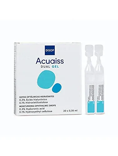 Acuaiss DUAL GEL Augentropfen mit Hyaluronsäure gegen schwere Augentrockenheit. Ohne Konservierungsstoffe. Benetzungstropfen mit flüssiger Basis und viskoser Textur. Einzeldosen. 20 x 0,35 ml 