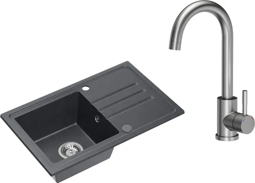 VBChome Spülbecken Granit Schwarz mit Armatur 70 x 44 cm Einzelbecken Einbauspüle Gesprenkelt Reversibel Granitspüle Siphon Waschbecken Schwarz mit Armatur Inox