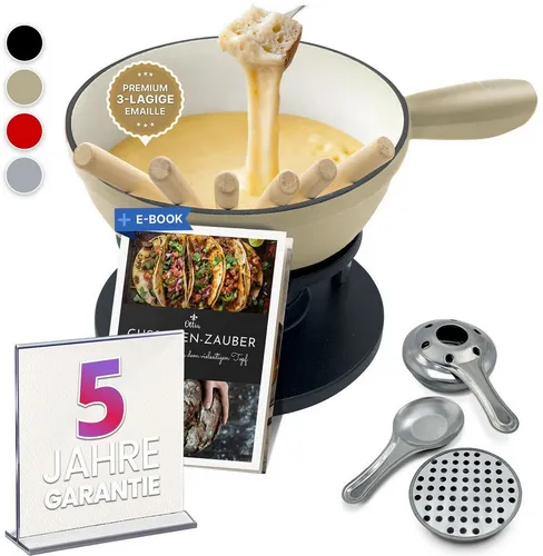 Ottia Gusseisen Fondue Set für 2-6 Personen - Genießen Sie gesellige Abende mit dem hochwertigen Ottia Fondue Set. Der gusseiserne Topf sorgt für gleichmäßige Wärmeverteilung und das 10-teilige Set enthält alles für köstliches Käse-, Fleisch- oder Schokoladenfondue.