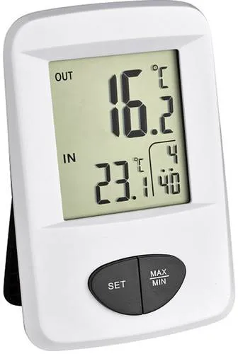 TFA Dostmann Base Funk-Thermometer - Innen- und Außentemperaturmessung mit Uhrzeit und großen, gut ablesbaren Zahlen für optimale Raumklimakontrolle