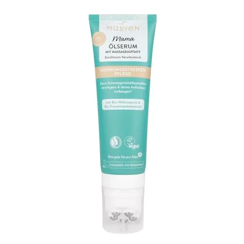MABYEN Mama Ölserum 125 ml | Pflege gegen Dehnungsstreifen – Schwangerschaft & Stillzeit – Bio-Frauenmantel & Wildrosenöl – vegane Naturkosmetik – Massage mit Edelstahlkugeln