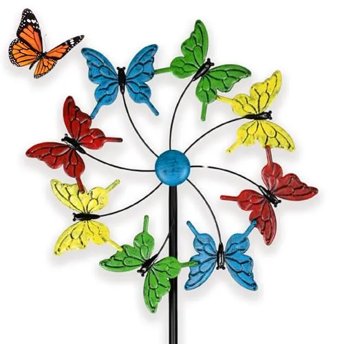 matches21 HOME & HOBBY Großes Windrad Metall 160 cm, wetterfeste Frühlings Garten-deko Schmetterlinge - Bunte Windmühle
