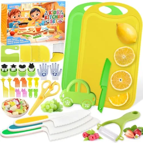 TEBOKHAD Kindermesser Set 29 Teiliges, Kinder Messer Für Kinderspielzeug Ab 2 Jahre, Kinder Schneideset Küchenmesser Zum Kochen Und Schneiden Von Obst, Mit Schneidebrett, Montessori Messer, Kochset