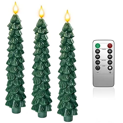 Yme LED Kerzen Weihnachtsbaum mit Timerfunktion und Fernbedienung, 3 Stück Stabkerzen Grün Echtwachs Flackernde Flamme für Winter Home Tannenbaum Deko Weihnachten Geschenkset