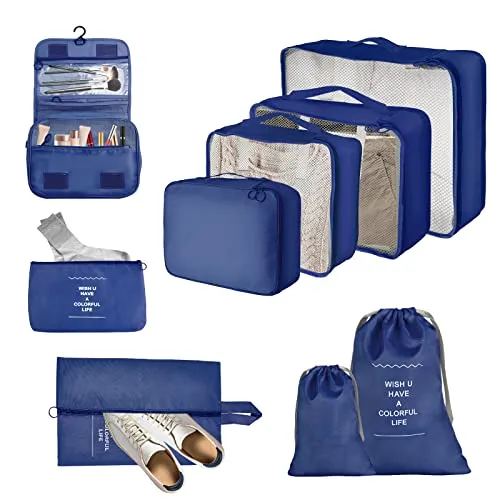 JOPHEK Reise Koffer Organizer Set 9-Teilige Packing Cubes, Multifunktionale Wasserdichte Packwürfel Kompression, Kofferorganizer, Kleidertaschen, Schuhbeutel, Kosmetiktasche für Reisen, Marineblau