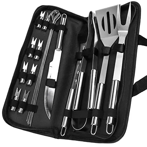 CoolGadget BBQ Grillbesteck 19er Set mit Tasche [Edelstahl Grill Zubehör] für Garten, Camping [Grillkoffer, Grillzange, Grillgabel, Grillmesser, Pinsel, Wender] 19-teilig inkl. Aufbewahrungstasche