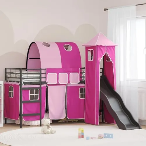 vidaXL Schwarz und Pink 99,5 x 190 cm, Kinder Loftbett, rechteckig, modern, vielseitig, Schlaf- und Spielplattform, Etagenrahmen