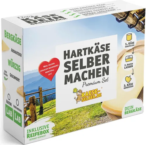 Hartkäse (Bergkäse) selber machen Set - Lab wählbar: mit Naturlab - Sonstiges Küchenzubehör - Komplett-Set zur einfachen Herstellung von Bergkäse Zuhause, inklusive Käse-Reifebox und Schritt-für-Schritt Anleitung für ein einzigartiges Geschmackserlebnis.