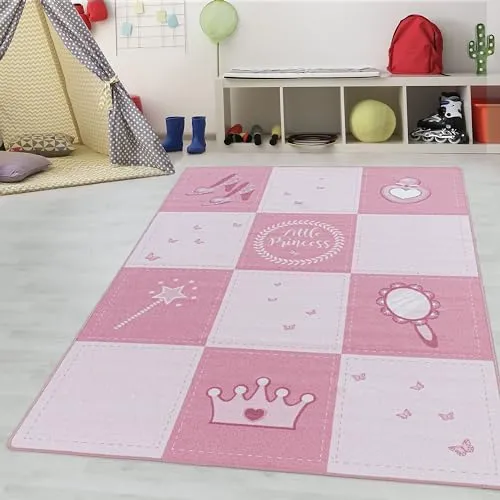 Kinderteppiche für Kinder Little Prinzessin Motiv Mädchen Spielteppich Prinzessin Krone Zauberstab Waschbar Mädchen Teppich für Kinderzimmer Babyzimmer Läufer Teppich Farbe: Pink, Grösse: 80 x 120 cm