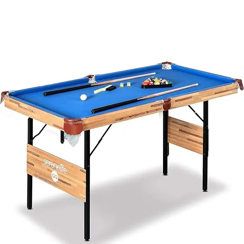 SereneLife Billardtisch, Mini Billardtisch Klappbar, Pool Table 137x74x78cm, Tischbillard- für Kinder mit Zubehör: 2 Queues, Kugeln, Dreieck, Kreide, Pool Tisch für Zuhause, blau