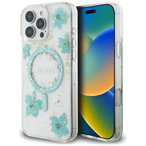 CG MOBILE Guess Resin Flowers Glitter kompatibel mit MagSafe Hülle für iPhone 16 Pro Max (Türkis)