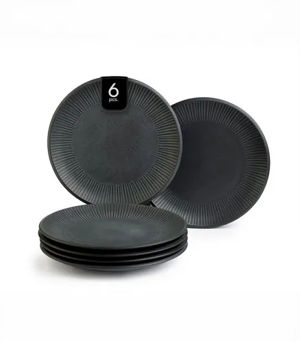 Home4You Speiseteller 6er Set, Schwarz, Ø 27 cm - Elegantes 6er Set Speiseteller aus hochwertigem Steingut mit linienförmiger Reliefprägung. Ideal für den täglichen Gebrauch und spülmaschinen- sowie mikrowellengeeignet.