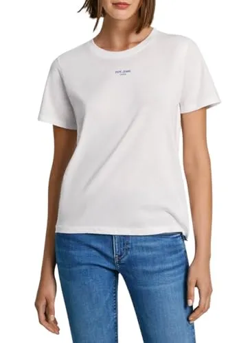 Pepe Jeans Damen Emily T-Shirt - Stylisches Weiß für jeden Anlass - T-Shirts für Damen mit normaler Passform, abgerundetem Halsausschnitt und kurzärmeligem Design für optimalen Tragekomfort.