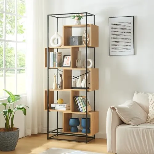[en.casa] Bücherregal Rennebu Standregal 194 x 80 x 33 cm Raumteiler Mehrzweckregal mit 5 Fächern Regal mit Metallgestell Schwarz/Eiche
