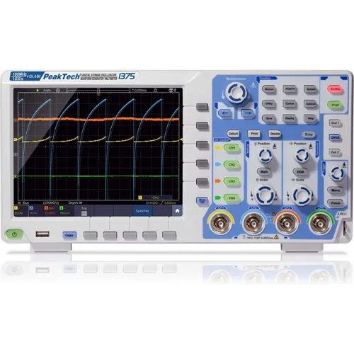 PEAKTECH 1375 - Digital-Speicher-Oszilloskop mit 100 MHz und 4 Kanälen - Oszilloskop/Spektrumanalyser mit 100 MHz, 4 Kanälen und hochauflösendem TFT-Farbdisplay für präzise Messungen und vielseitige Anwendungen in der Elektrotechnik.