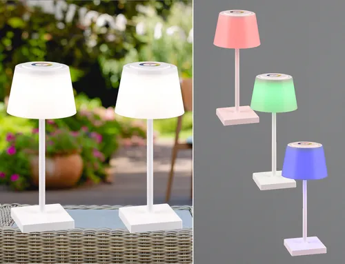 LED Akku Tischleuchte Outdoor 2er SET, dimmbar mit RGBW Farbwechsler - Klassische Tischleuchten, 2er SET in Weiß mit RGBW Farbwechsler und Touch-Dimmer, ideal für Garten und Terrasse, spritzwassergeschützt (IP44) für flexibles Licht ohne Kabel.