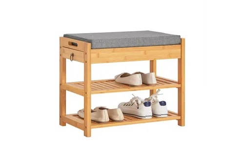 SoBuy Sitzbank FSR47, Schuhbank mit Bambus-Sitzfläche - Schuhbank aus pflegeleichtem Bambus, ideal für die Garderobe. Mit 2 offenen Fächern und 1 Schublade bietet sie praktischen Stauraum und eine elegante Sitzgelegenheit.