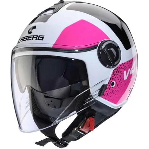 Caberg Riviera V4 X Jethelm Alpha Weiß / Schwarz-Fuchsia S - Motorradhelm mit modernem Design, ideal für Stadtfahrten und längere Touren. Ausgestattet mit kratzfestem Visier und integrierter Sonnenblende für optimalen Schutz.