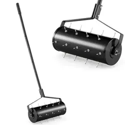 COSTWAY Rasenlüfter Walze manuell 44x128cm, Rasenrolle mit Stiel & Nägeln, Handvertikutierer Gartenwalze Vertikutierer Rasenwalze rollend schwarz