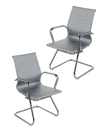Eigentlich Besucherstuhl Freischwinger 2er Set, Konferenzstuhl Kunstleder grau, Bürostuhl Gestell Chrom, Wartezimmerstuhl mit Armlehnen, bequemer Gästestuhl für Warte- und Besprechungsräume