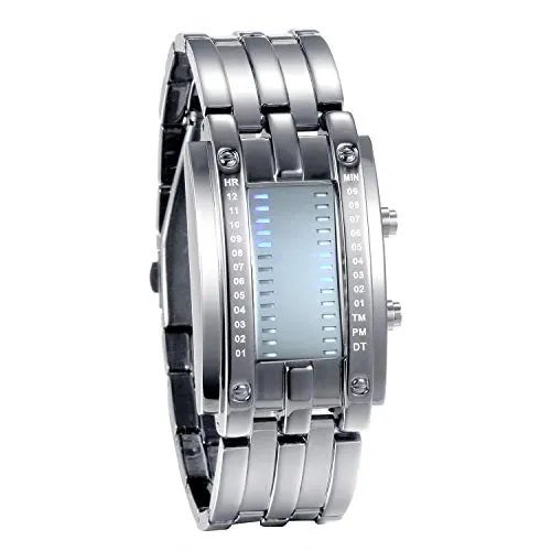 JewelryWe Paar Uhren Digitaluhr Edelstahl Binäre Uhr Rechteck Bezel LED Sportuhr Blau LED Licht Kalender Mode Cool Partner Armbanduhr für Herren Damen Schwarz/Silber